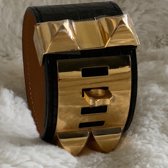 Authentic Hermes CDC Collier de Chien Matte Alligator Bracelets GOLD NOIR GHW - Picture 4 of 10